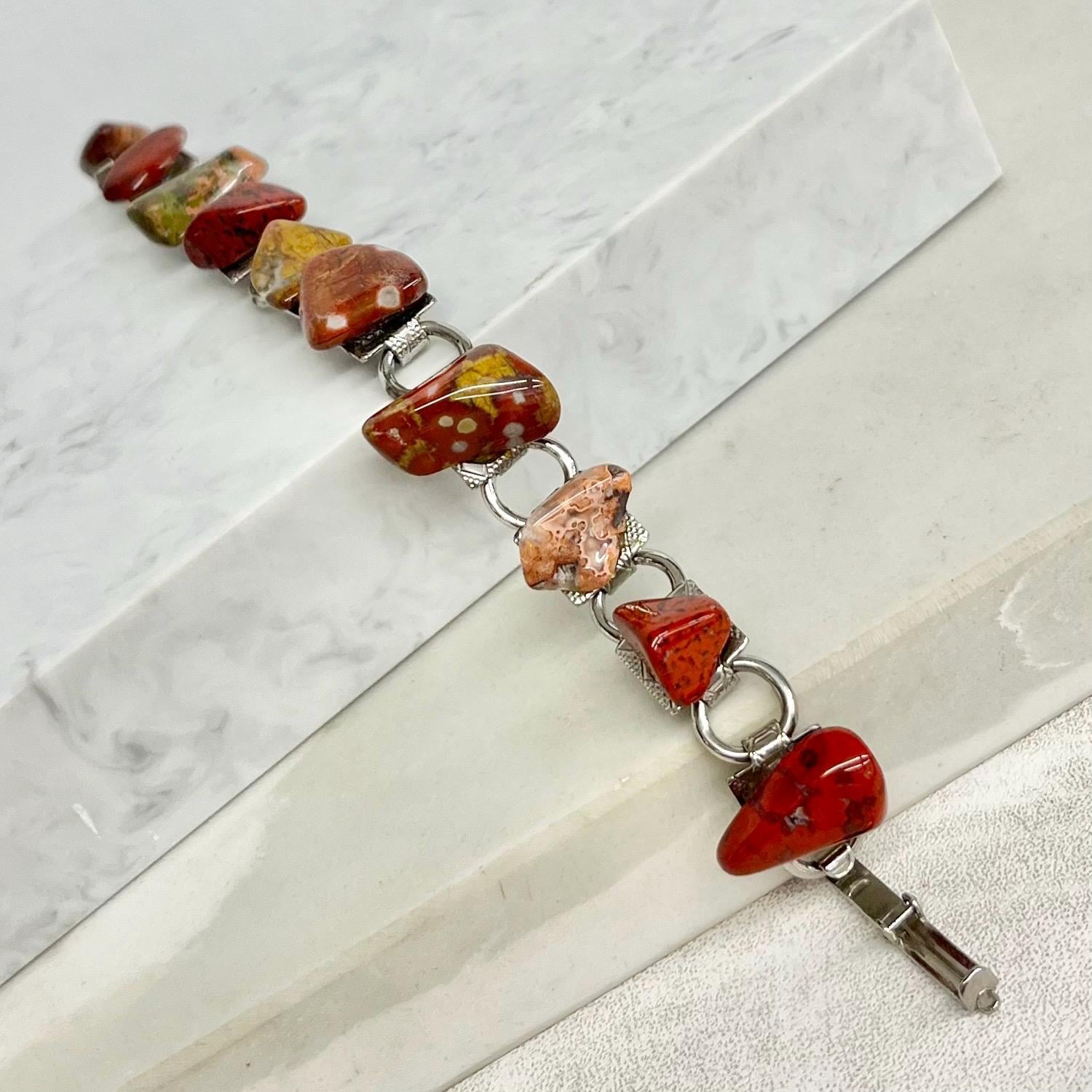 Red Mixed Gemstone Silver Tone 1970’s Vintage Stone Bracelet Semi Precious Costume Jewellery 7.5” Agate Unakite Jasper MillyOliverVintage