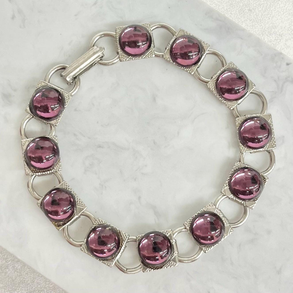 Amethyst Purple Glass Cabochon Silver Tone Bracelet : Vintage 1970’s Modernist Jewellery 7.5” Long MillyOliverVintage