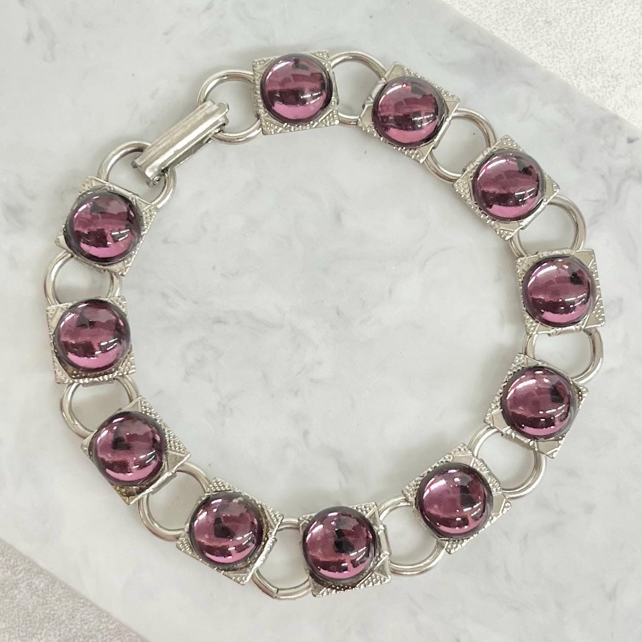 Amethyst Purple Glass Cabochon Silver Tone Bracelet : Vintage 1970’s Modernist Jewellery 7.5” Long MillyOliverVintage
