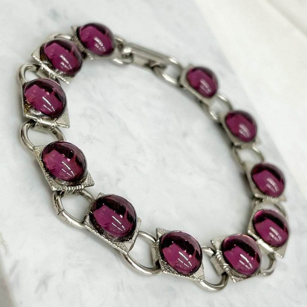 Amethyst Purple Glass Cabochon Silver Tone Bracelet : Vintage 1970’s Modernist Jewellery 7.5” Long MillyOliverVintage