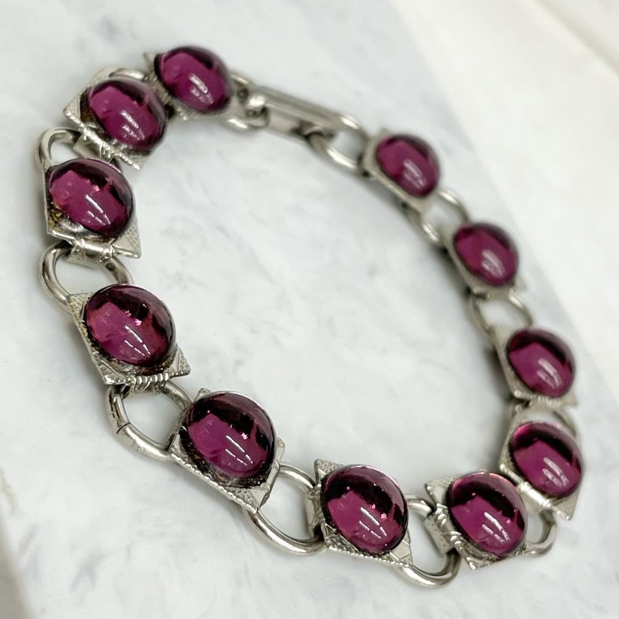 Amethyst Purple Glass Cabochon Silver Tone Bracelet : Vintage 1970’s Modernist Jewellery 7.5” Long MillyOliverVintage