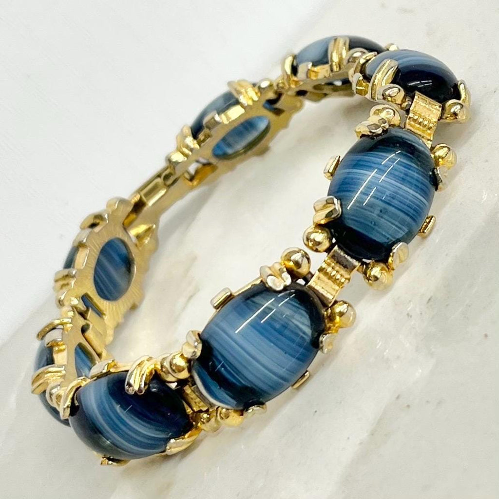 Vintage Gold Tone 1970’s Blue Striped Givre Glass Cabochon Bracelet Costume Jewellery 7.5” MillyOliverVintage