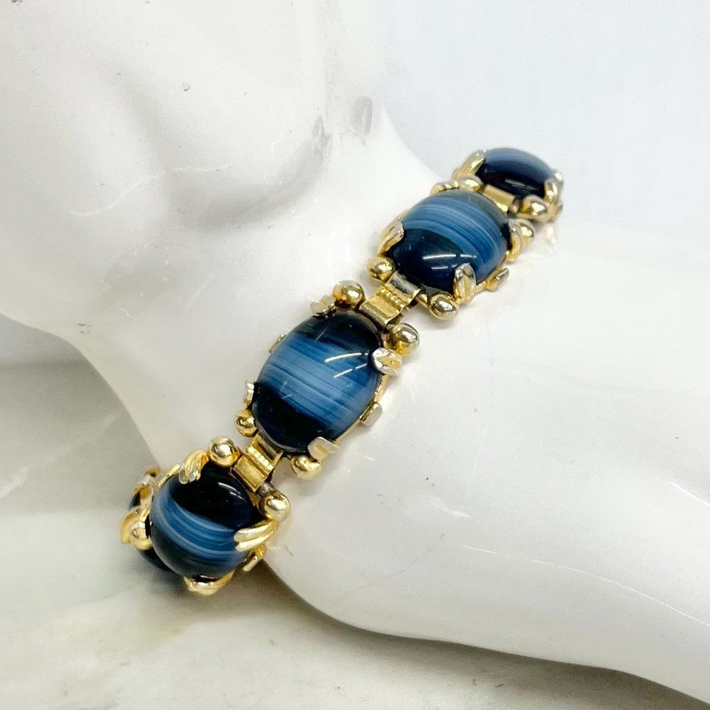 Vintage Gold Tone 1970’s Blue Striped Givre Glass Cabochon Bracelet Costume Jewellery 7.5” MillyOliverVintage