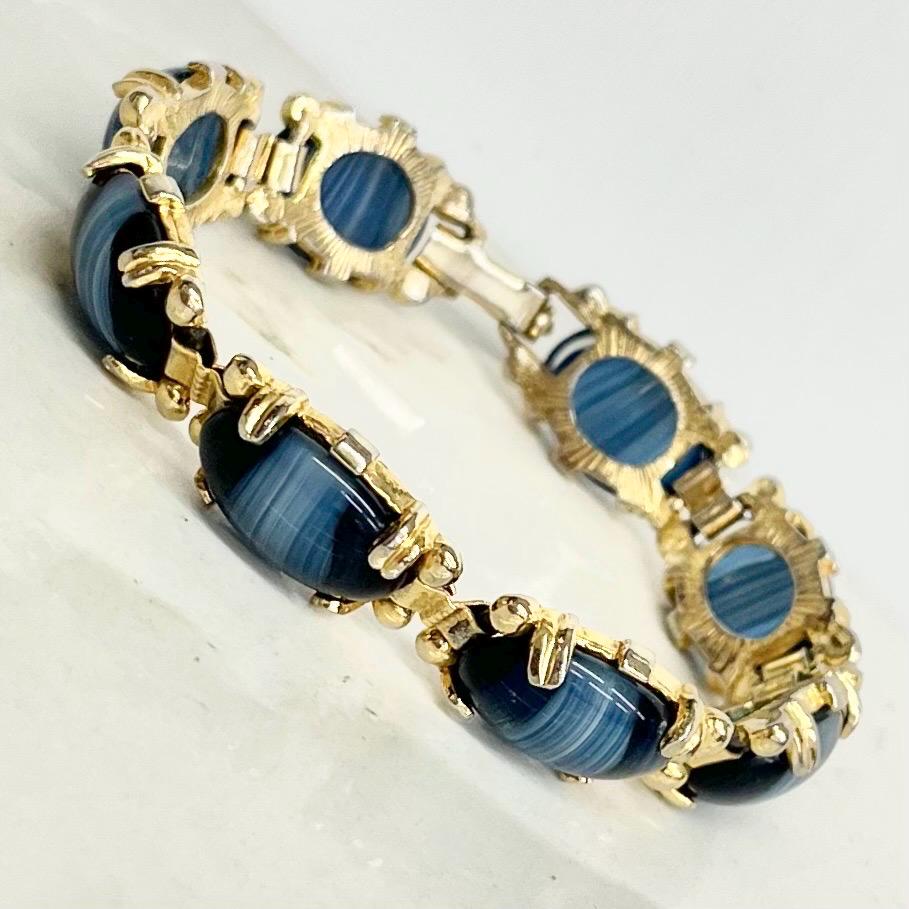 Vintage Gold Tone 1970’s Blue Striped Givre Glass Cabochon Bracelet Costume Jewellery 7.5” MillyOliverVintage