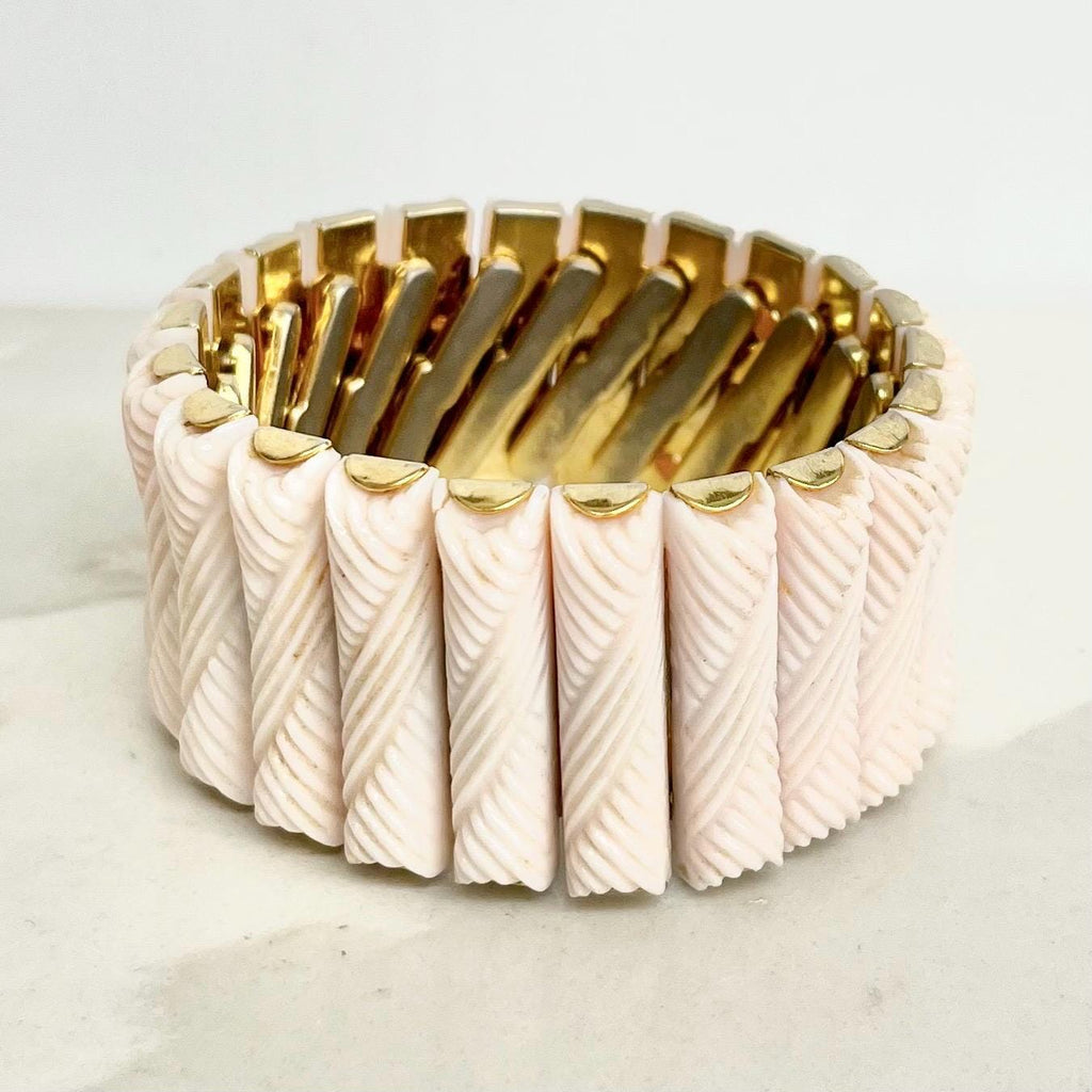 Vintage Wide Cream Plastic Cuff Bracelet : with Gold Tone Stretch Metal Links 1970’s MillyOliverVintage