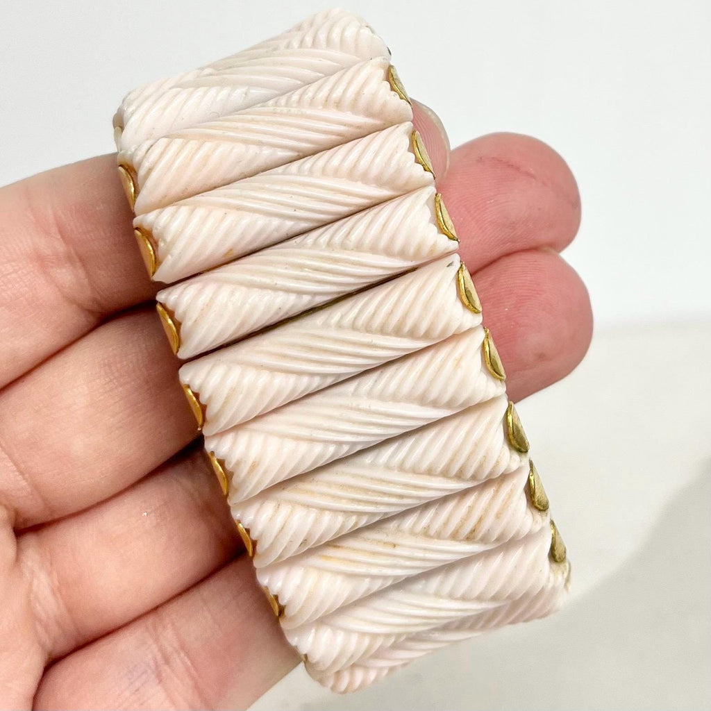 Vintage Wide Cream Plastic Cuff Bracelet : with Gold Tone Stretch Metal Links 1970’s MillyOliverVintage