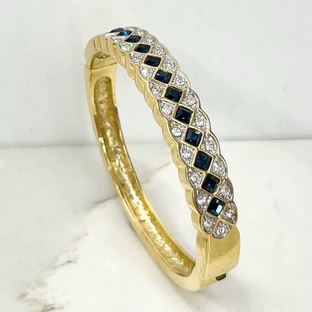 Vintage Gold Plate 1980’s Bangle with Sapphire Blue & Clear Diamante Crystals Costume Jewellery MillyOliverVintage
