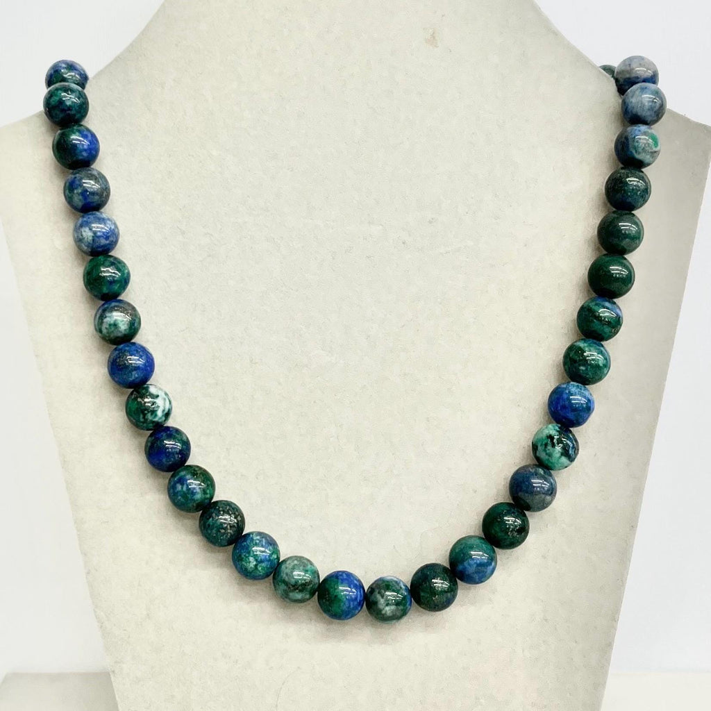 Handcrafted Hand Knotted Azurite Bead Necklace 18” Long with a Chunky White Metal Clasp MillyOliverVintage