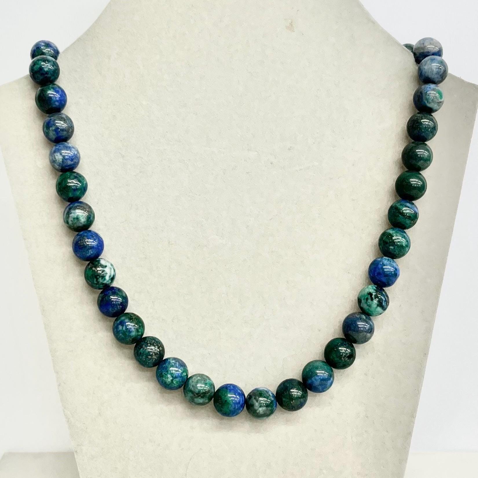 Handcrafted Hand Knotted Azurite Bead Necklace 18” Long with a Chunky White Metal Clasp MillyOliverVintage