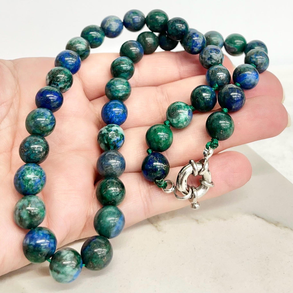 Handcrafted Hand Knotted Azurite Bead Necklace 18” Long with a Chunky White Metal Clasp MillyOliverVintage