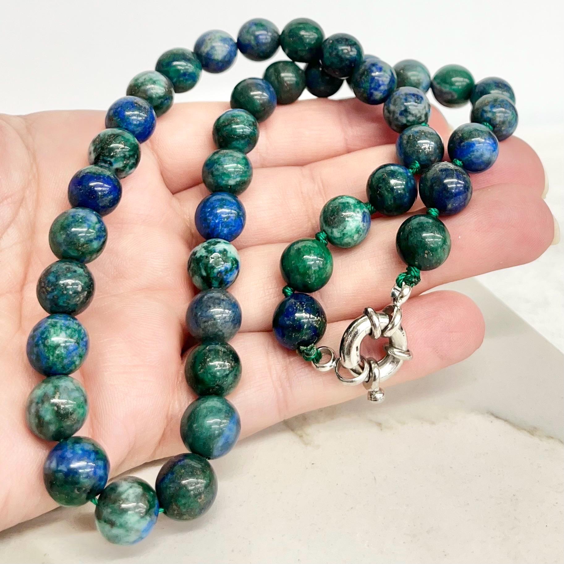 Handcrafted Hand Knotted Azurite Bead Necklace 18” Long with a Chunky White Metal Clasp MillyOliverVintage