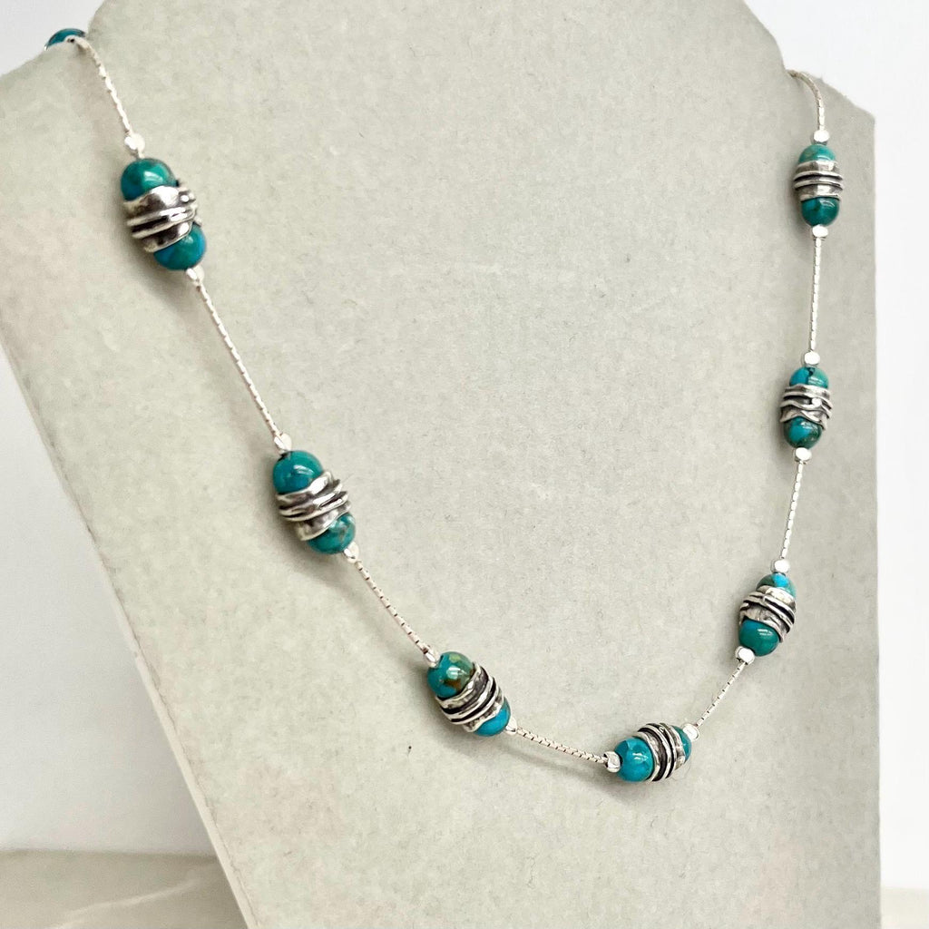 Handcrafted Sterling Silver & Turquoise Bead Necklace 17.5” Long Artisan Design MillyOliverVintage