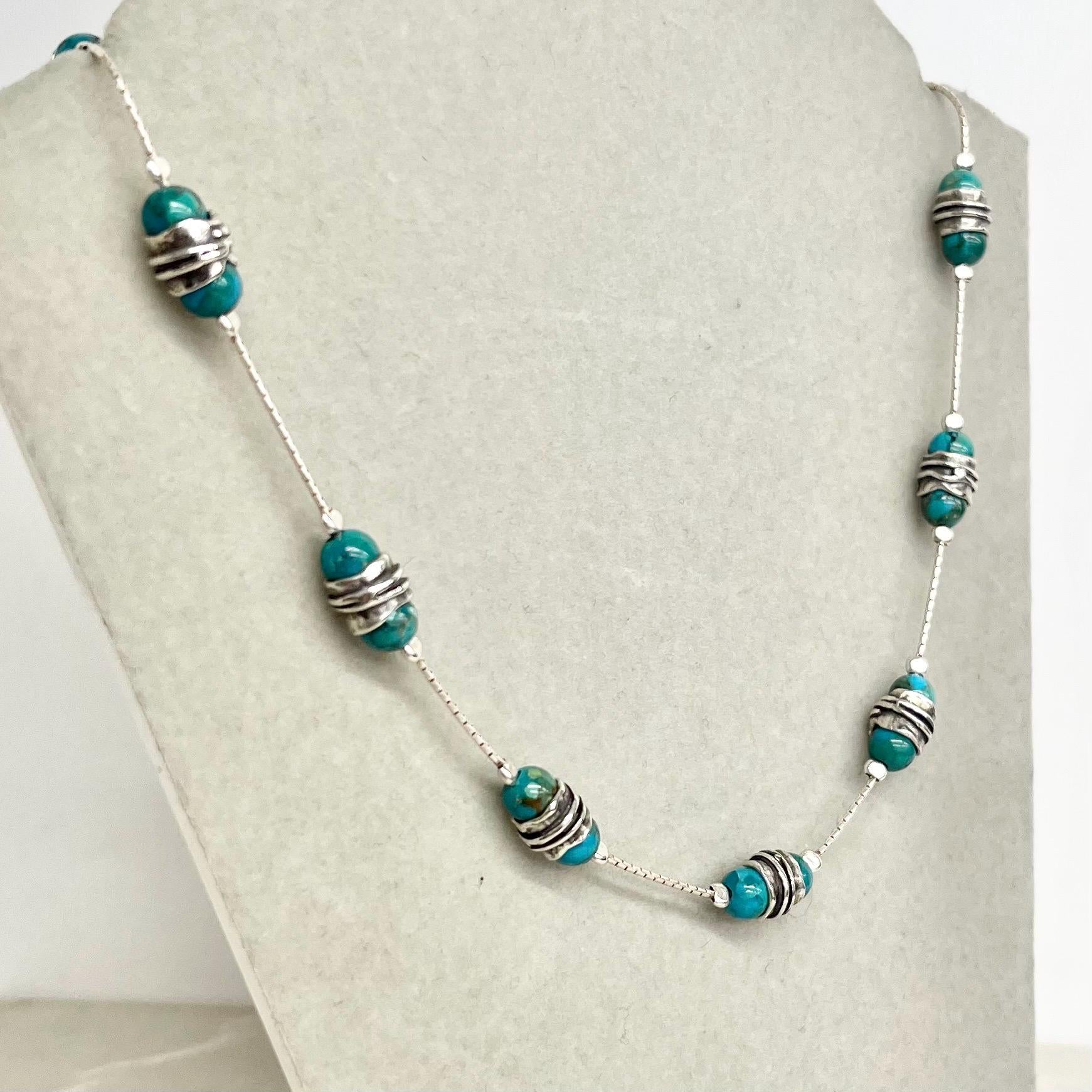 Handcrafted Sterling Silver & Turquoise Bead Necklace 17.5” Long Artisan Design MillyOliverVintage