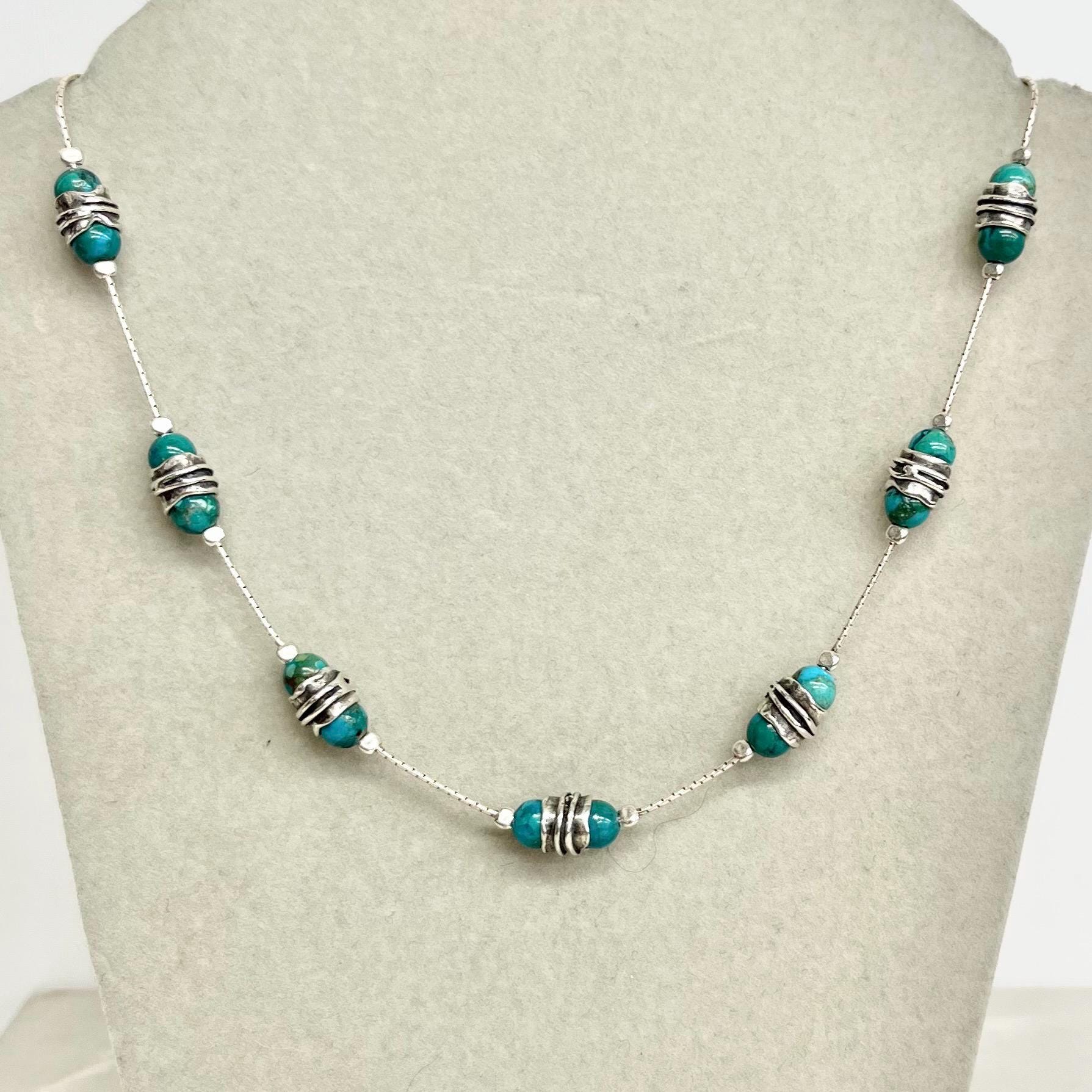 Handcrafted Sterling Silver & Turquoise Bead Necklace 17.5” Long Artisan Design MillyOliverVintage