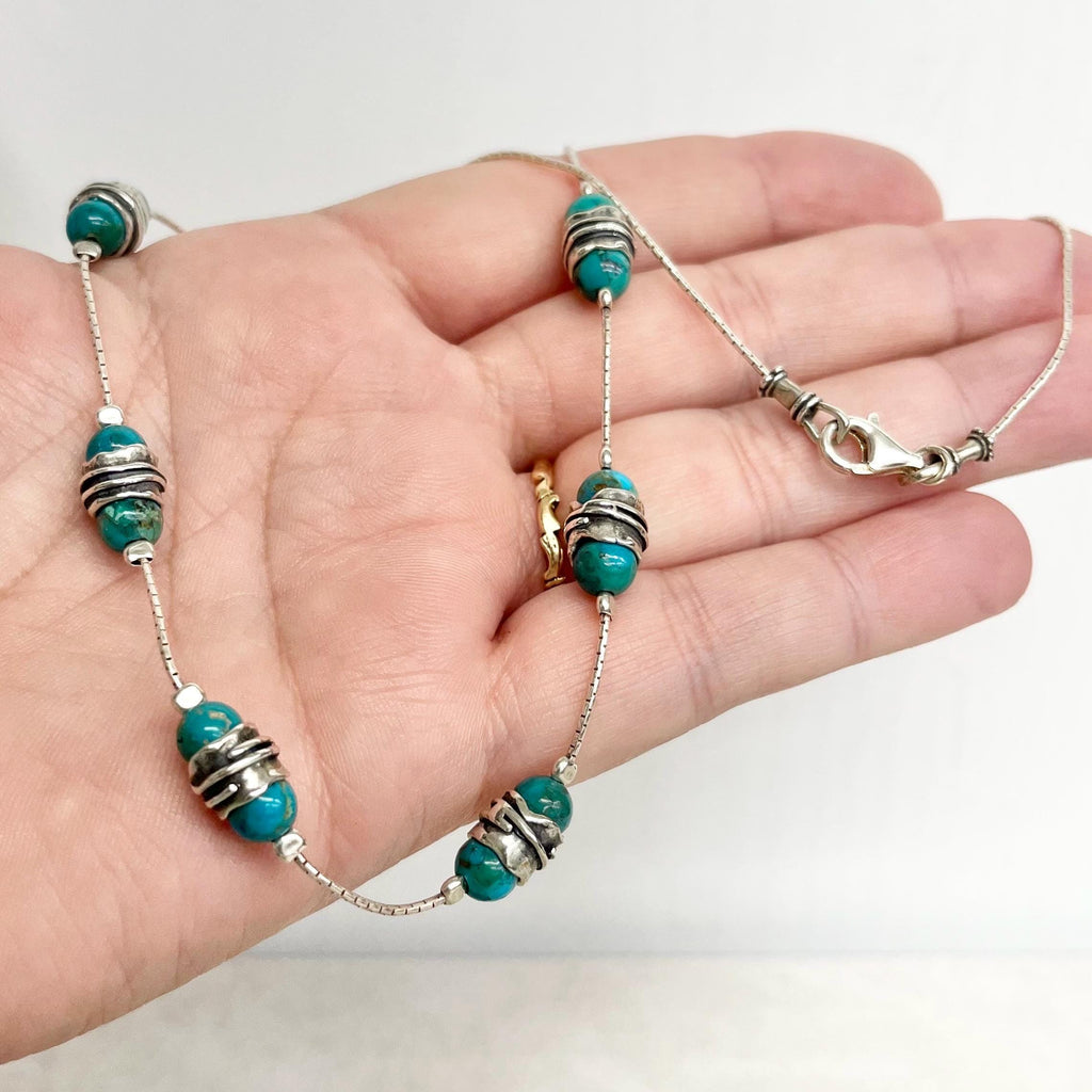 Handcrafted Sterling Silver & Turquoise Bead Necklace 17.5” Long Artisan Design MillyOliverVintage