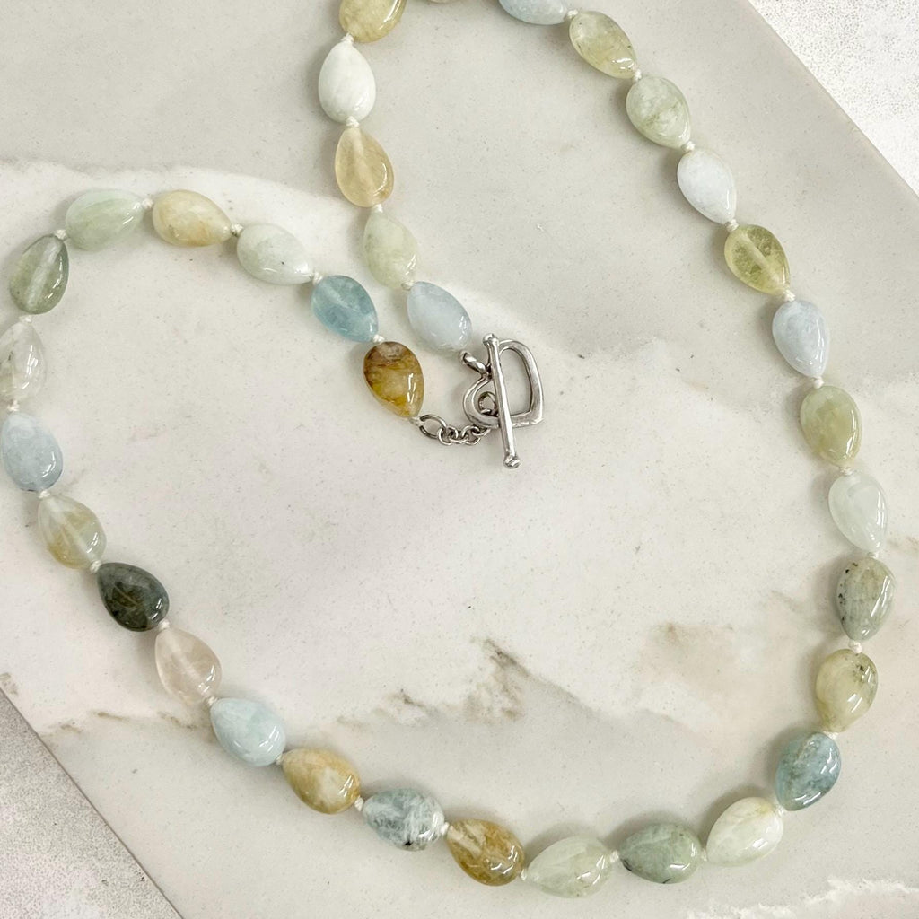 Handcrafted Aquamarine Semi Precious Bead Necklace 19” Long with a Heart Shaped Sterling Silver Toggle Clasp MillyOliverVintage