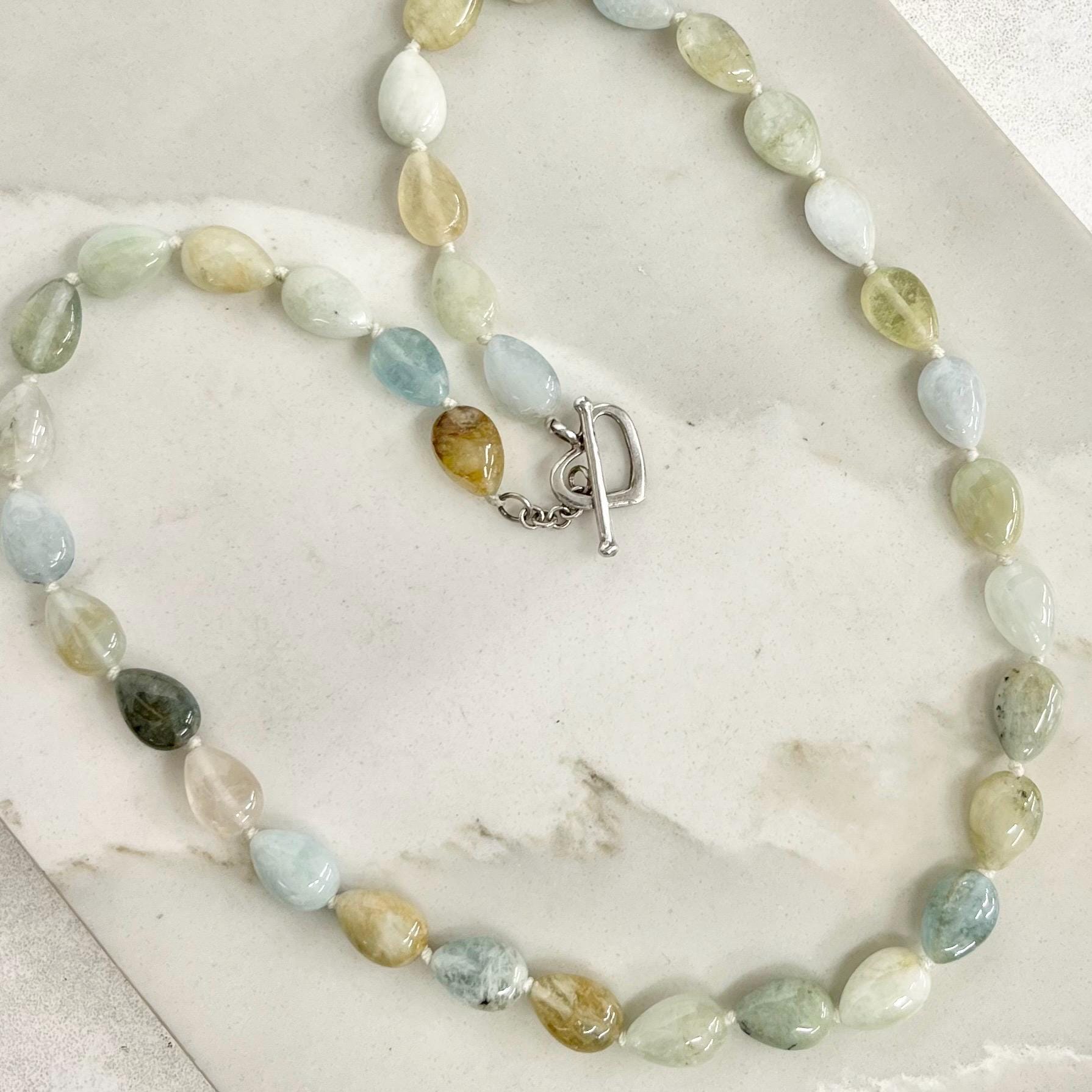 Handcrafted Aquamarine Semi Precious Bead Necklace 19” Long with a Heart Shaped Sterling Silver Toggle Clasp MillyOliverVintage