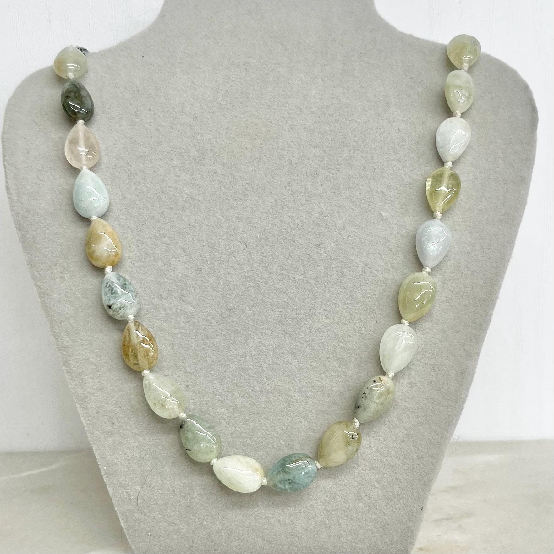 Handcrafted Aquamarine Semi Precious Bead Necklace 19” Long with a Heart Shaped Sterling Silver Toggle Clasp MillyOliverVintage