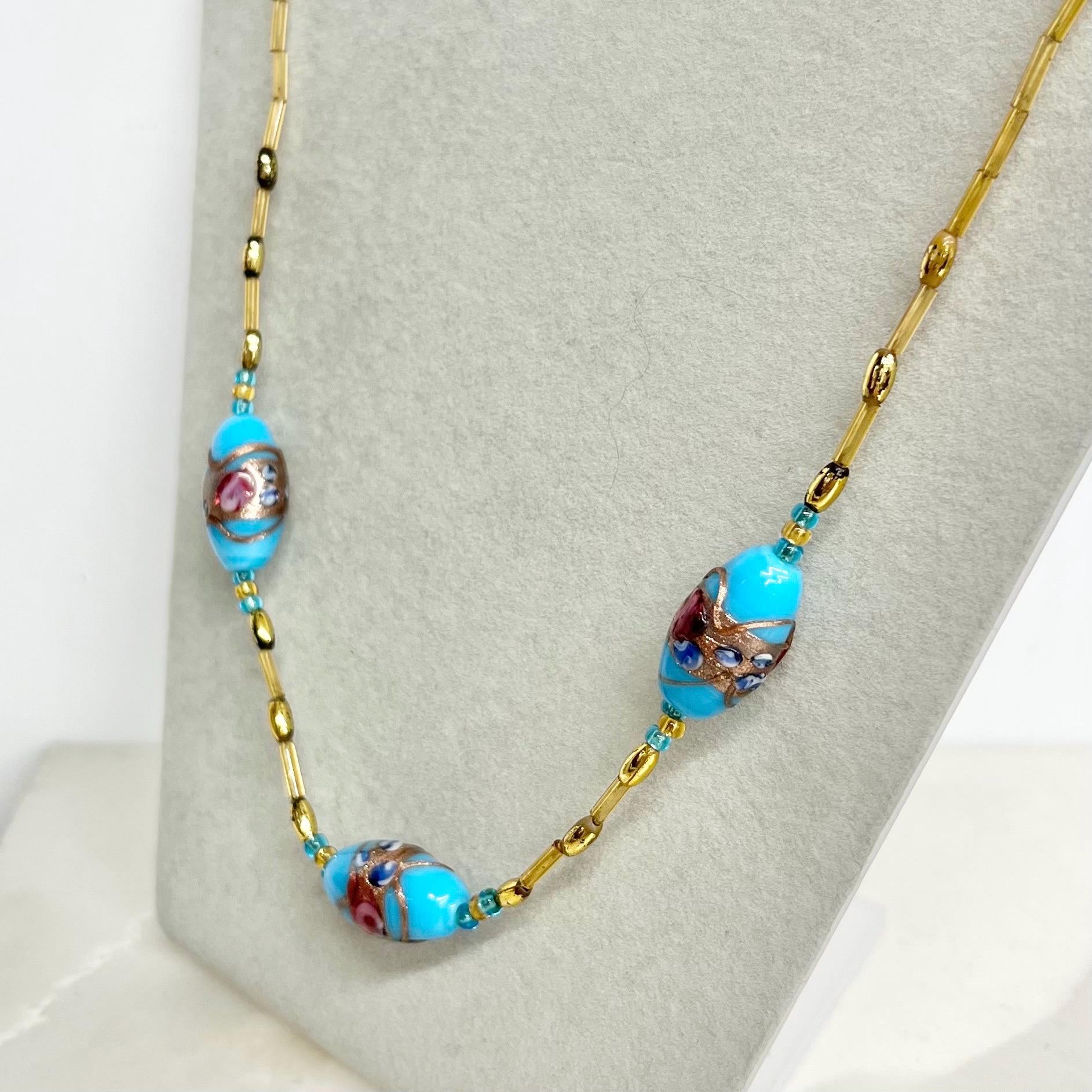 Vintage Venetian Blue & Gold Aventurine Lampwork Glass Wedding Cake Bead Necklace 17.5” Long MillyOliverVintage