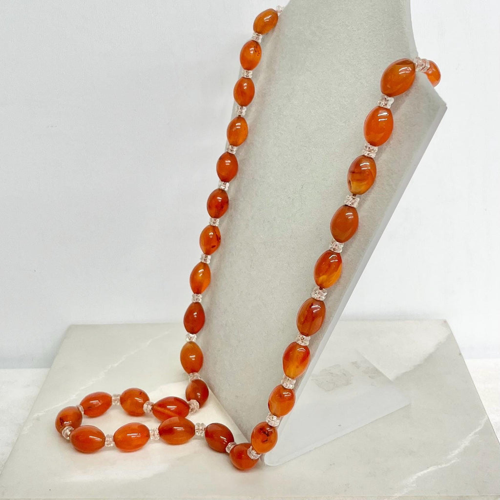 Vintage Art Deco Natural Orange Carnelian Oval Beaded Necklace Chunky Graduating Semi Precious Beads Long 26” MillyOliverVintage