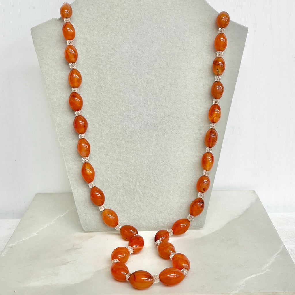 Vintage Art Deco Natural Orange Carnelian Oval Beaded Necklace Chunky Graduating Semi Precious Beads Long 26” MillyOliverVintage