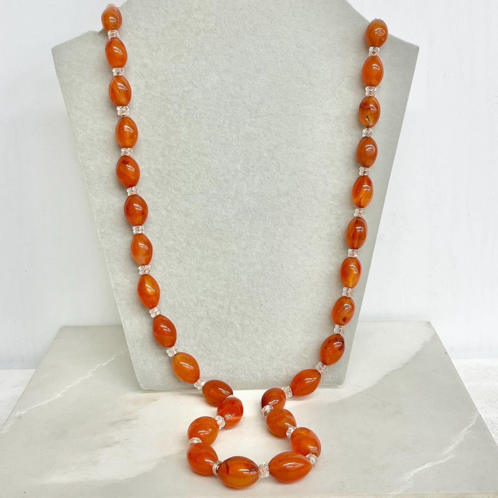 Vintage Art Deco Natural Orange Carnelian Oval Beaded Necklace Chunky Graduating Semi Precious Beads Long 26” MillyOliverVintage