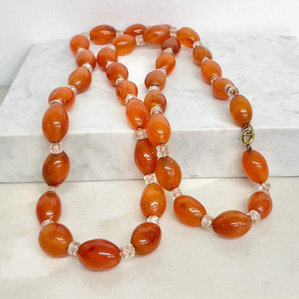 Vintage Art Deco Natural Orange Carnelian Oval Beaded Necklace Chunky Graduating Semi Precious Beads Long 26” MillyOliverVintage