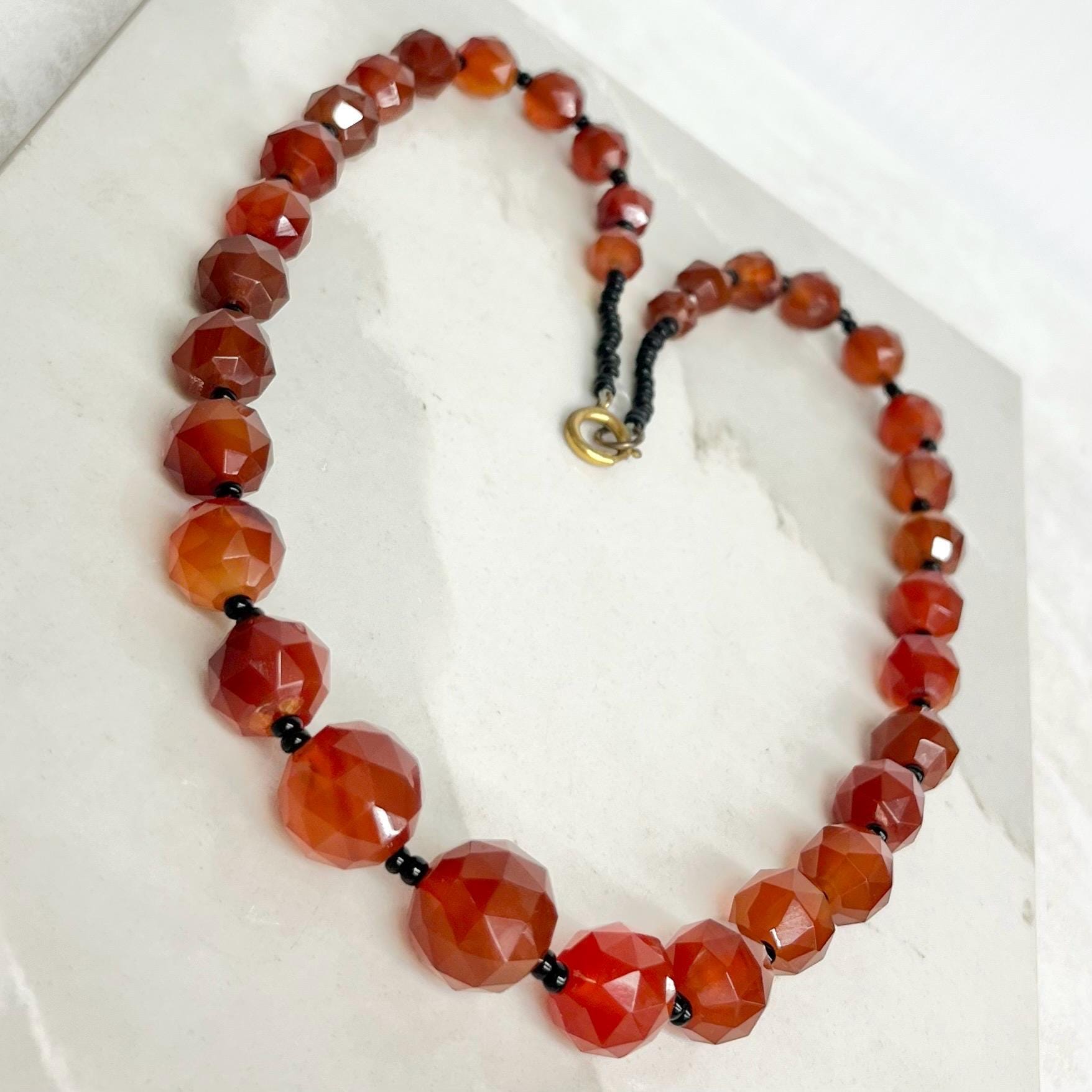 Antique Art Deco Unusual Rose Cut Orange Carnelian Bead Necklace Graduating Semi Precious Beads Long 19” MillyOliverVintage