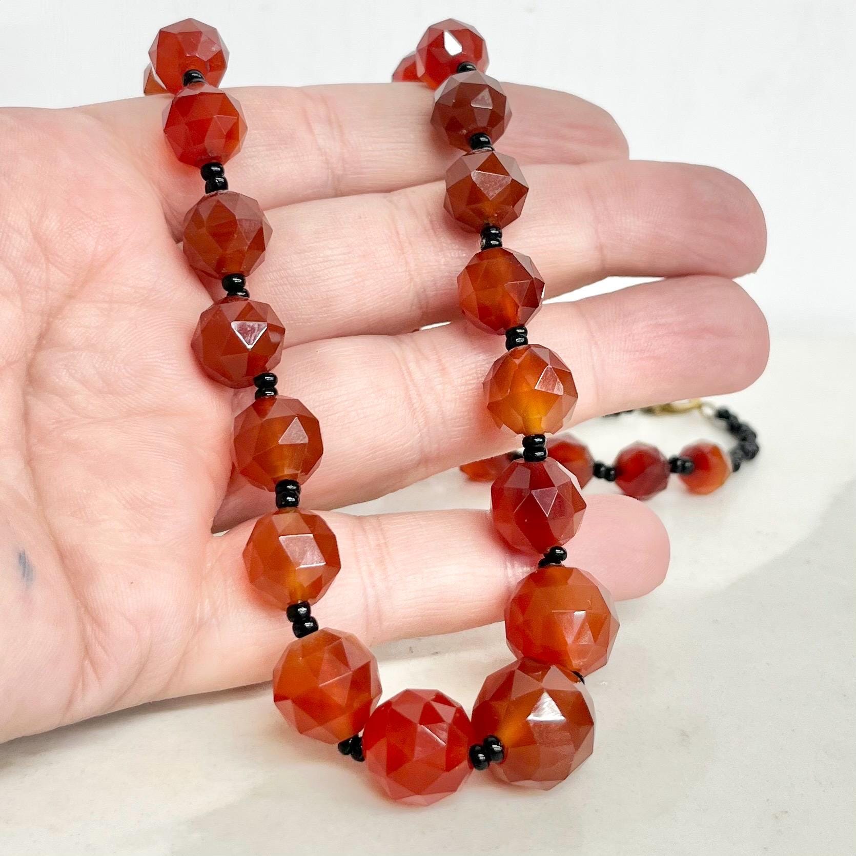 Antique Art Deco Unusual Rose Cut Orange Carnelian Bead Necklace Graduating Semi Precious Beads Long 19” MillyOliverVintage