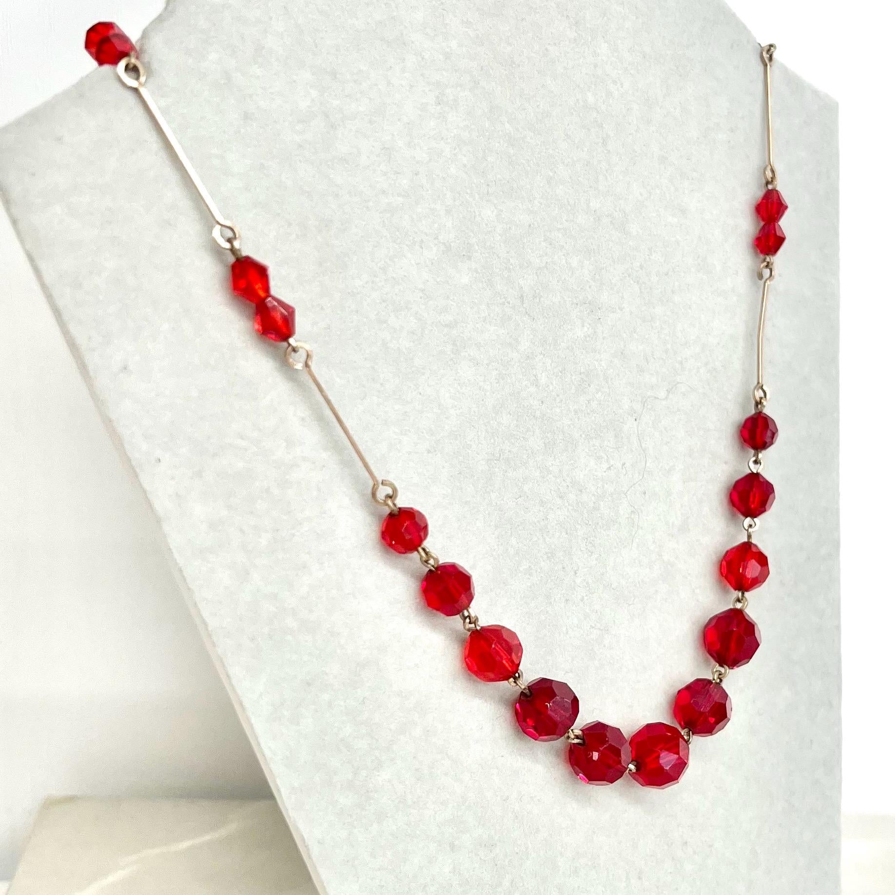 Art Deco Red Czech Glass Bead Necklace Rolled Gold 16.5” Long MillyOliverVintage
