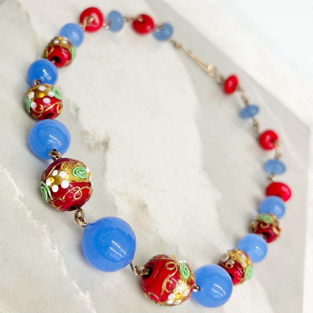 Wedding Cake Bead Necklace 16” Long : Vintage Gold Filled Links with Venetian Blue and Red Lampwork Glass Beads MillyOliverVintage