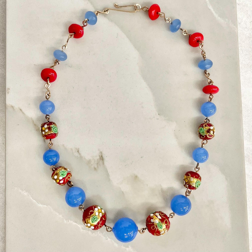 Wedding Cake Bead Necklace 16” Long : Vintage Gold Filled Links with Venetian Blue and Red Lampwork Glass Beads MillyOliverVintage