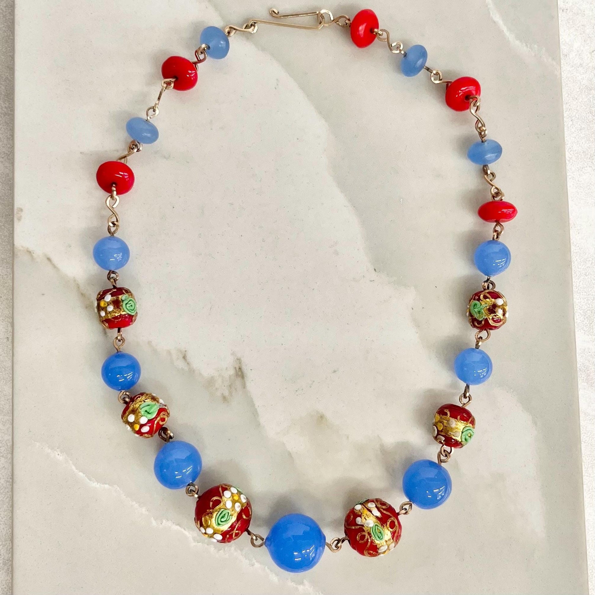 Wedding Cake Bead Necklace 16” Long : Vintage Gold Filled Links with Venetian Blue and Red Lampwork Glass Beads MillyOliverVintage