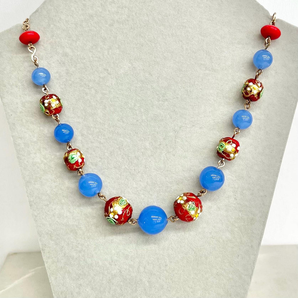 Wedding Cake Bead Necklace 16” Long : Vintage Gold Filled Links with Venetian Blue and Red Lampwork Glass Beads MillyOliverVintage