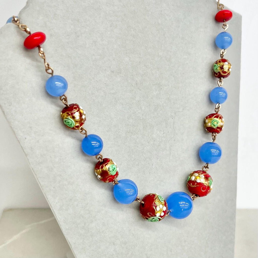 Wedding Cake Bead Necklace 16” Long : Vintage Gold Filled Links with Venetian Blue and Red Lampwork Glass Beads MillyOliverVintage