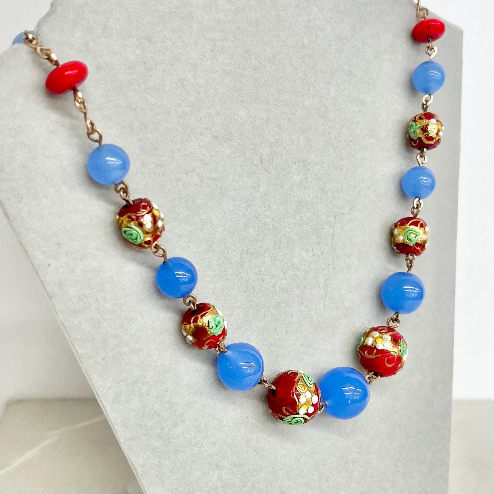 Wedding Cake Bead Necklace 16” Long : Vintage Gold Filled Links with Venetian Blue and Red Lampwork Glass Beads MillyOliverVintage