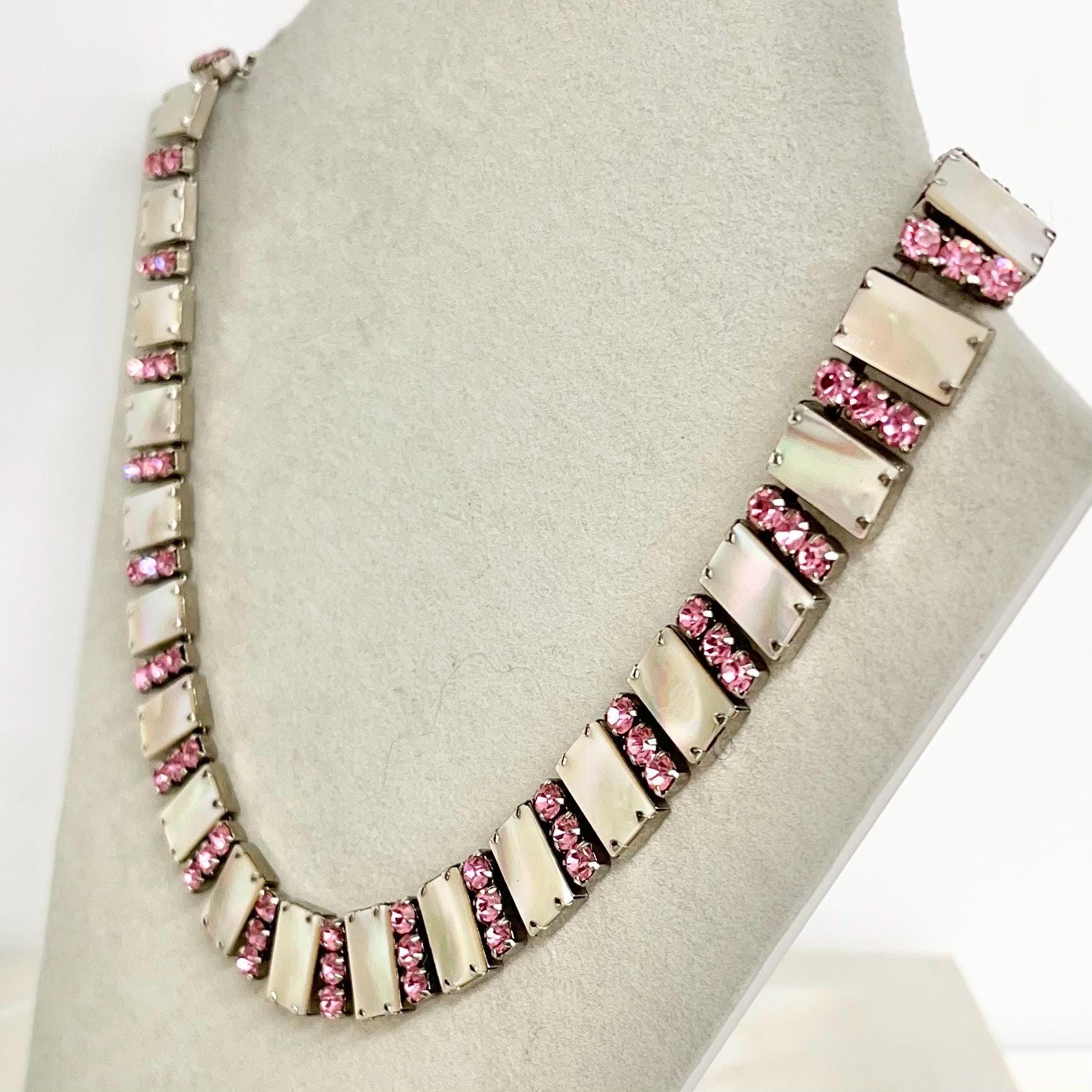 Mother of Pearl and Diamante Crystal Necklace : Vintage Necklace with Pink Stones MillyOliverVintage