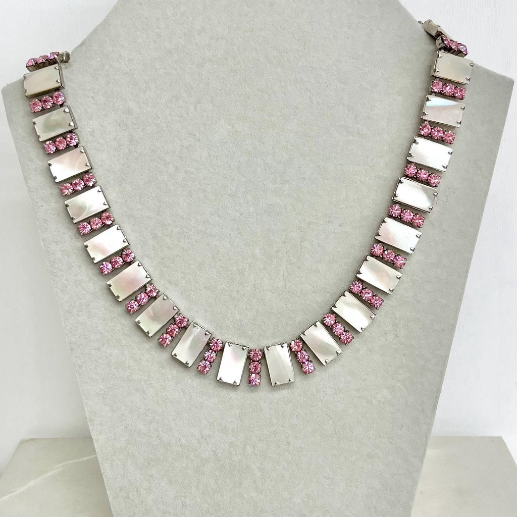 Mother of Pearl and Diamante Crystal Necklace : Vintage Necklace with Pink Stones MillyOliverVintage