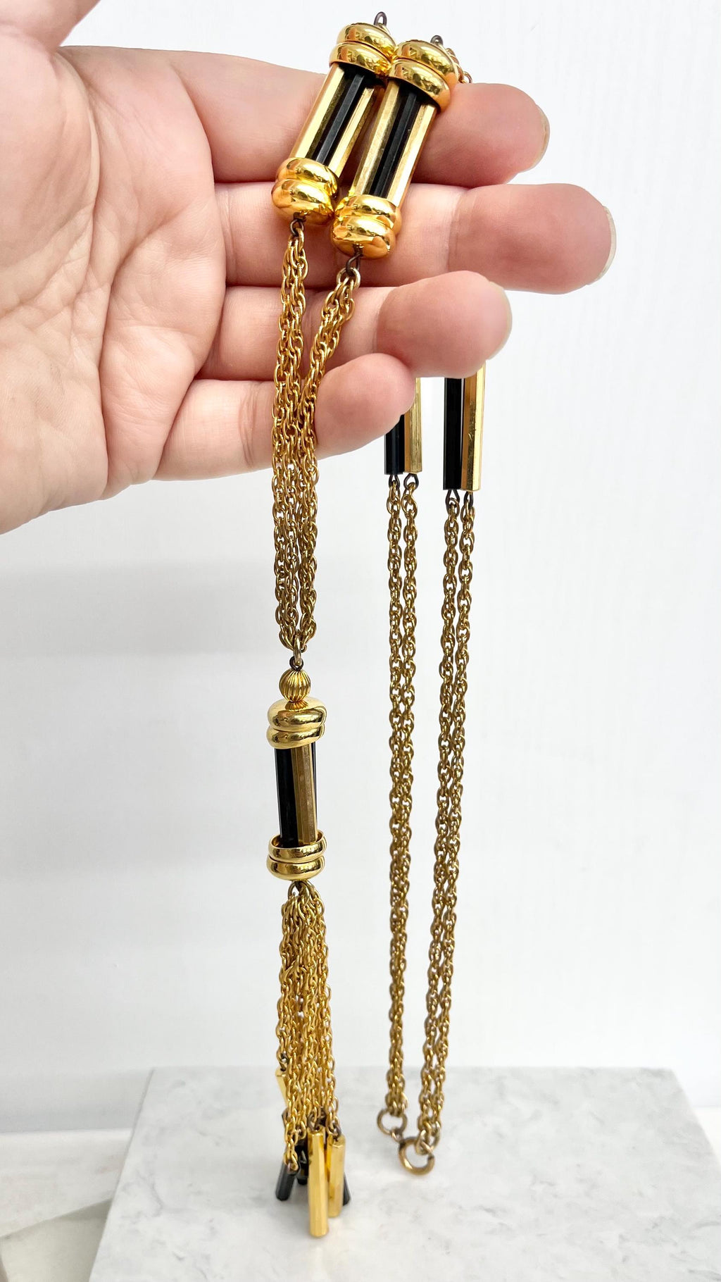 Black and Gold Plate Long Tassle Drop Chain Necklace : Vintage 1960’s - 1970’s MillyOliverVintage