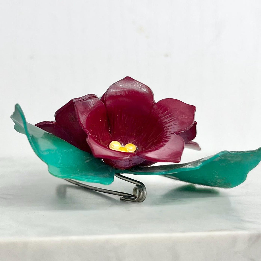 Antique Large Celluloid Flower Brooch : Possibly a Suffragette Lapel Pin in Colours for Burgundy Green and Yellow MillyOliverVintage