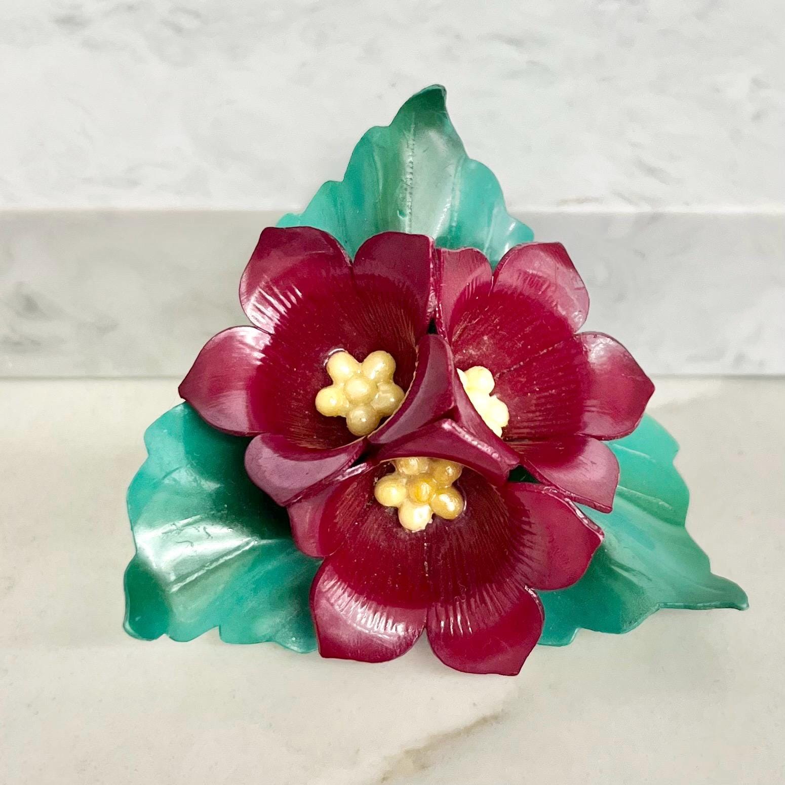 Antique Large Celluloid Flower Brooch : Possibly a Suffragette Lapel Pin in Colours for Burgundy Green and Yellow MillyOliverVintage