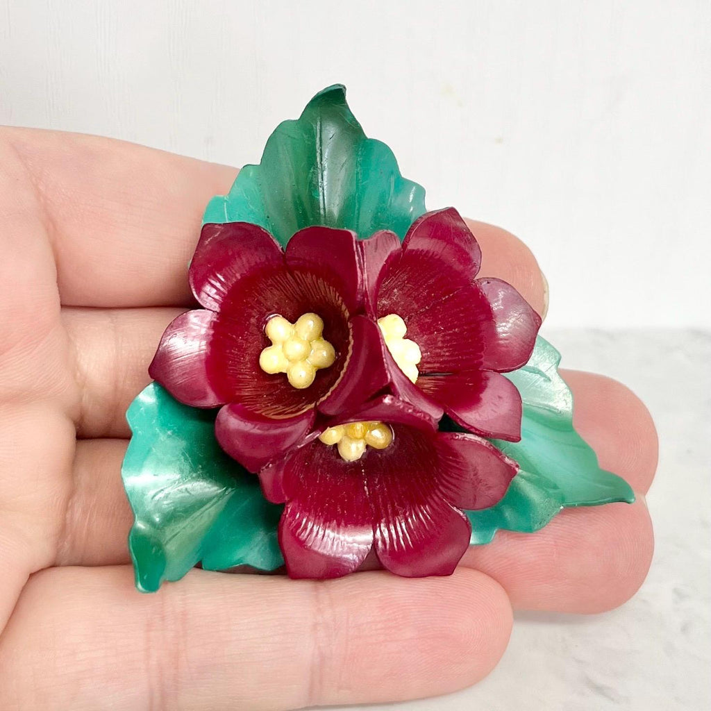 Antique Large Celluloid Flower Brooch : Possibly a Suffragette Lapel Pin in Colours for Burgundy Green and Yellow MillyOliverVintage