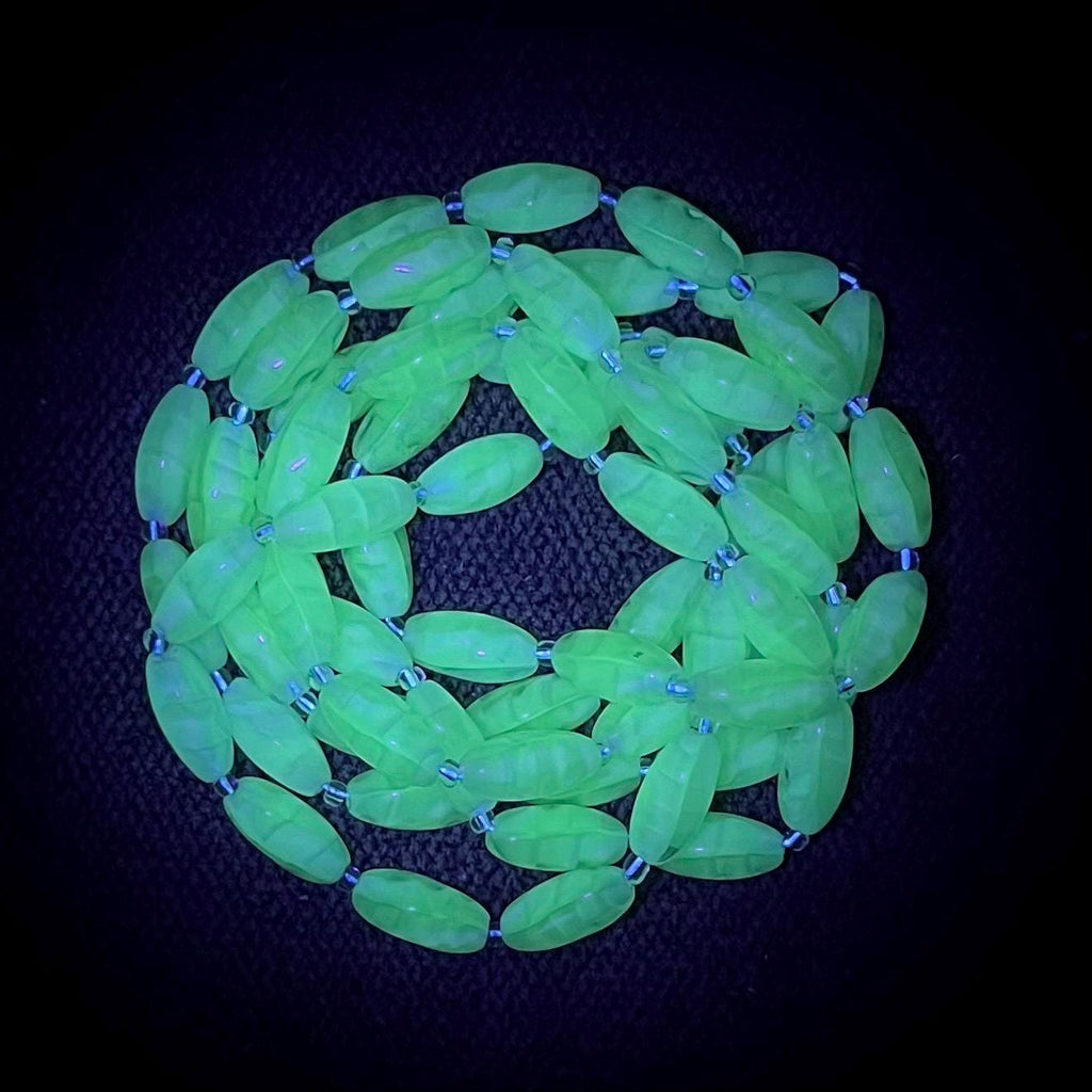Long Vintage White Glass Uranium / Manganese Bead Necklace Oval Satin Beads Bright Green UV Reactive Glow 48” Long MillyOliverVintage