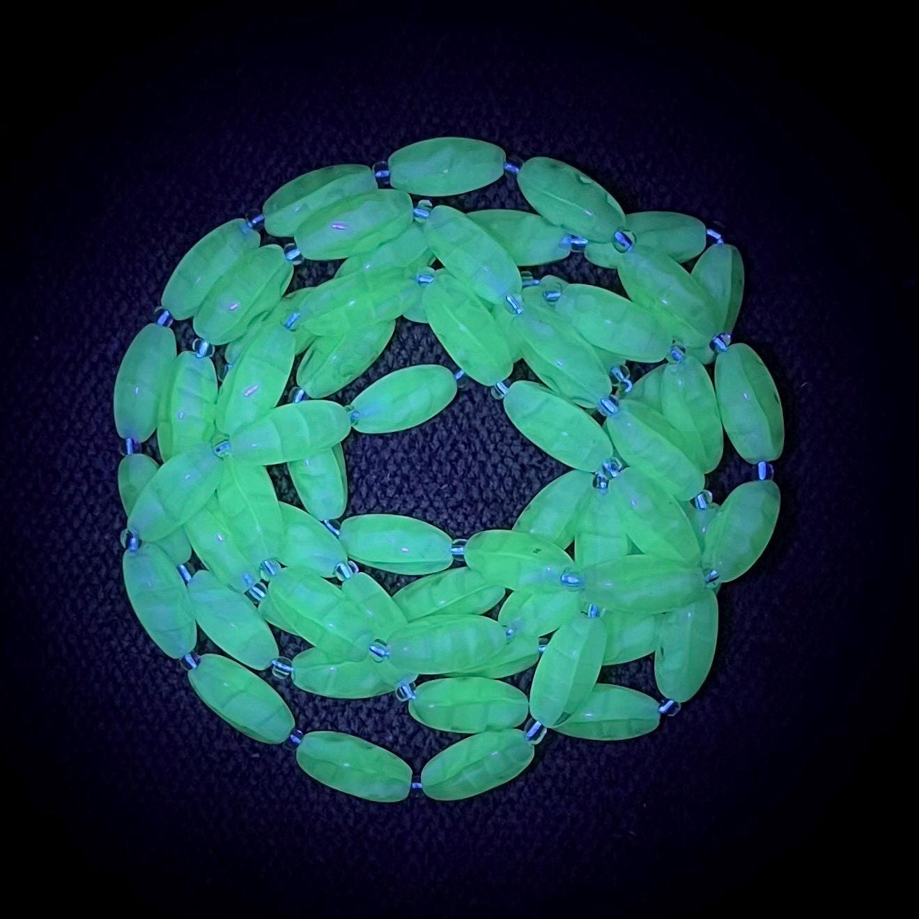 Long Vintage White Glass Uranium / Manganese Bead Necklace Oval Satin Beads Bright Green UV Reactive Glow 48” Long MillyOliverVintage