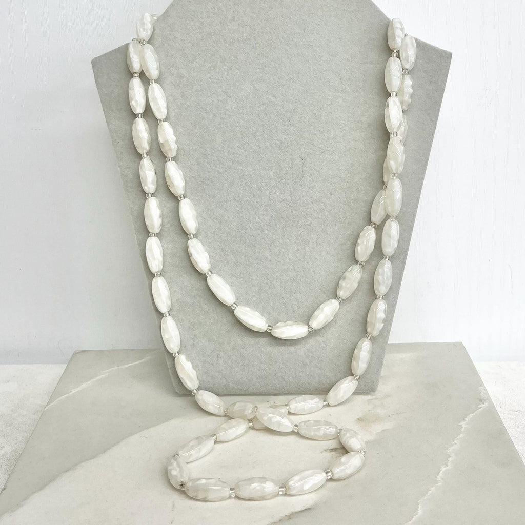 Long Vintage White Glass Uranium / Manganese Bead Necklace Oval Satin Beads Bright Green UV Reactive Glow 48” Long MillyOliverVintage