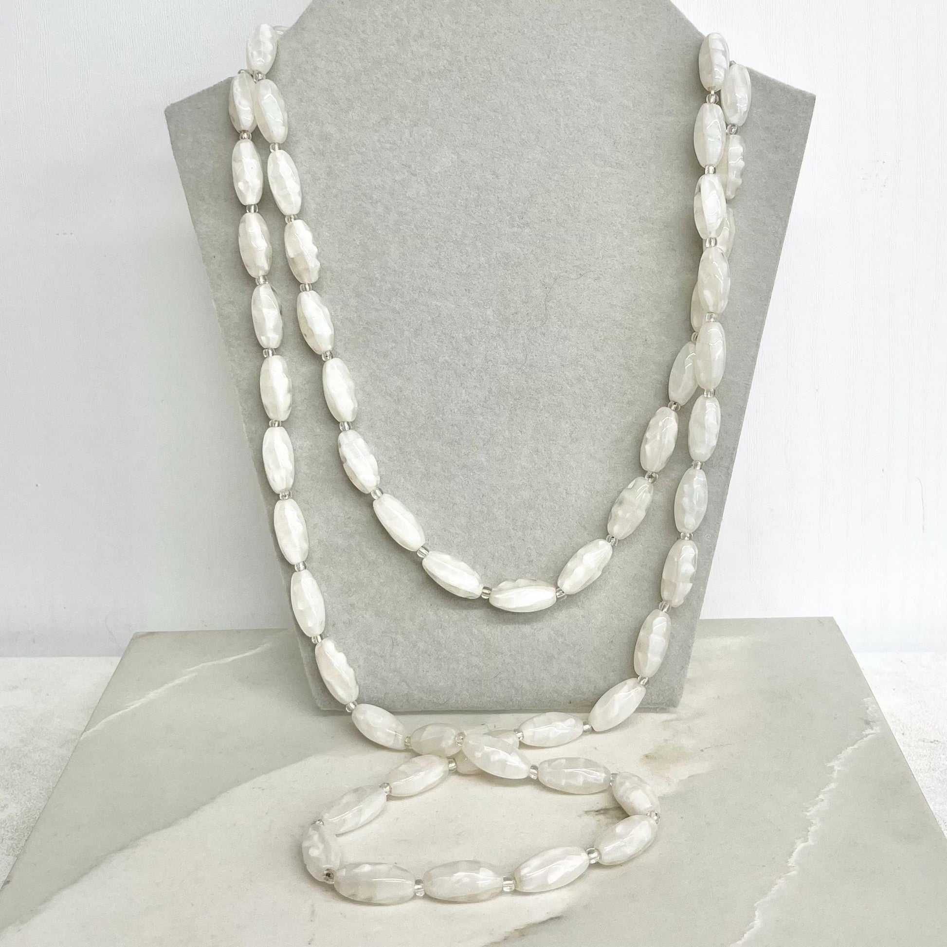 Long Vintage White Glass Uranium / Manganese Bead Necklace Oval Satin Beads Bright Green UV Reactive Glow 48” Long MillyOliverVintage