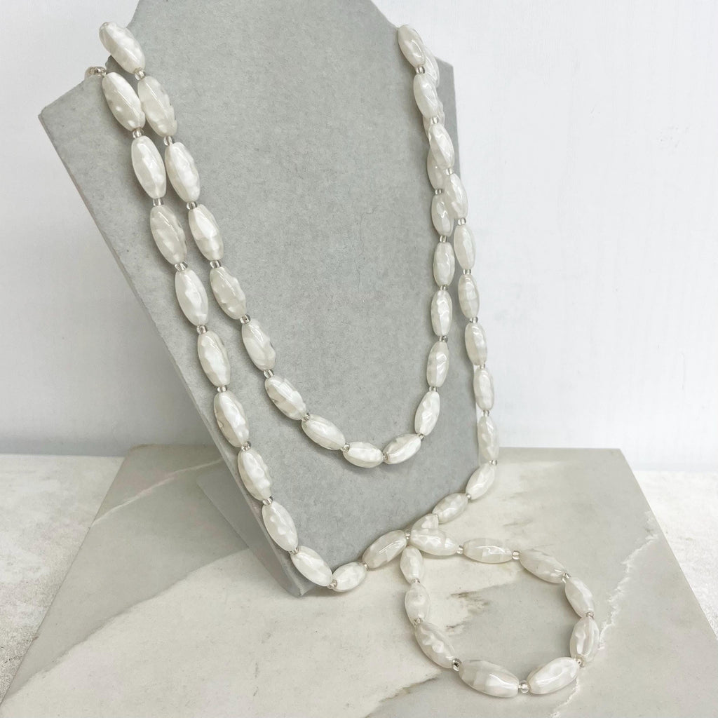 Long Vintage White Glass Uranium / Manganese Bead Necklace Oval Satin Beads Bright Green UV Reactive Glow 48” Long MillyOliverVintage