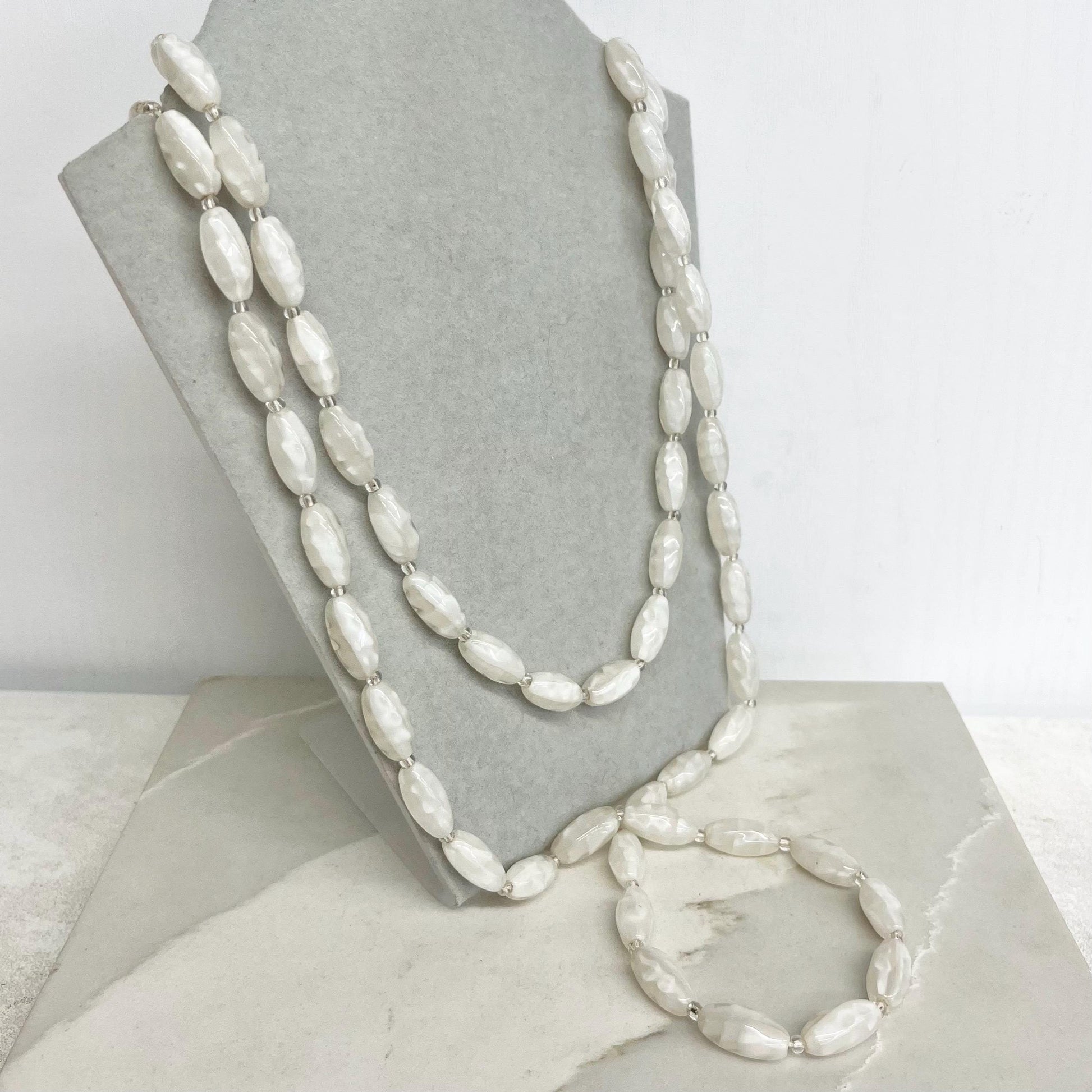 Long Vintage White Glass Uranium / Manganese Bead Necklace Oval Satin Beads Bright Green UV Reactive Glow 48” Long MillyOliverVintage