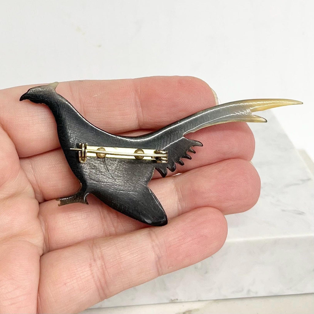 Vintage Hand Carved Horn Pheasant Bird Brooch 8.5cm Wide MillyOliverVintage