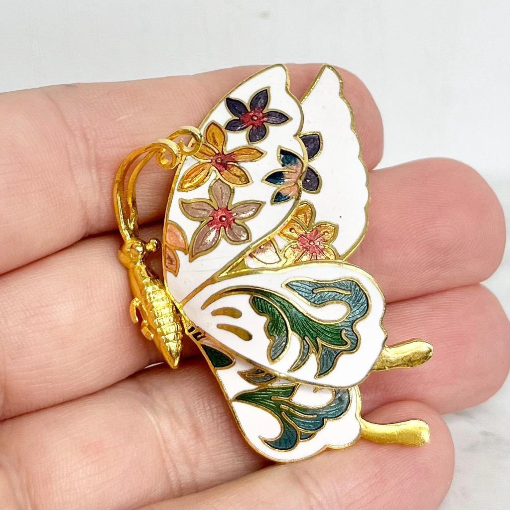Vintage White & Gold Tone Cloisonne Style Enamel Butterfly Brooch Costume Jewellery Piece MillyOliverVintage
